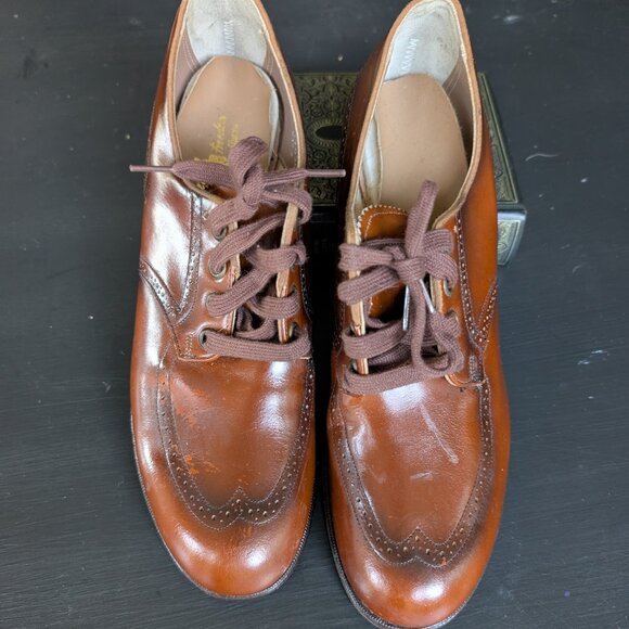 Vintage 50s Brown leather wingtip oxfords shoes deadstock lace up 1950s heels - Picture 3 of 9